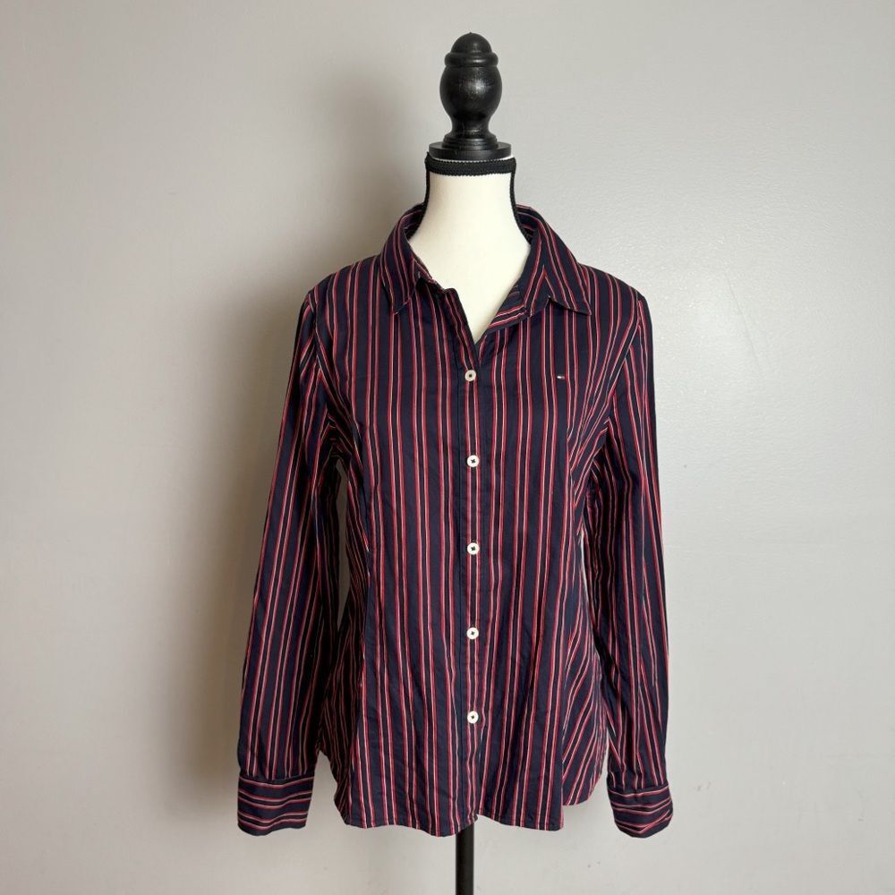 Tommy Hilfiger red white and blue striped long sleeve button down blouse size m